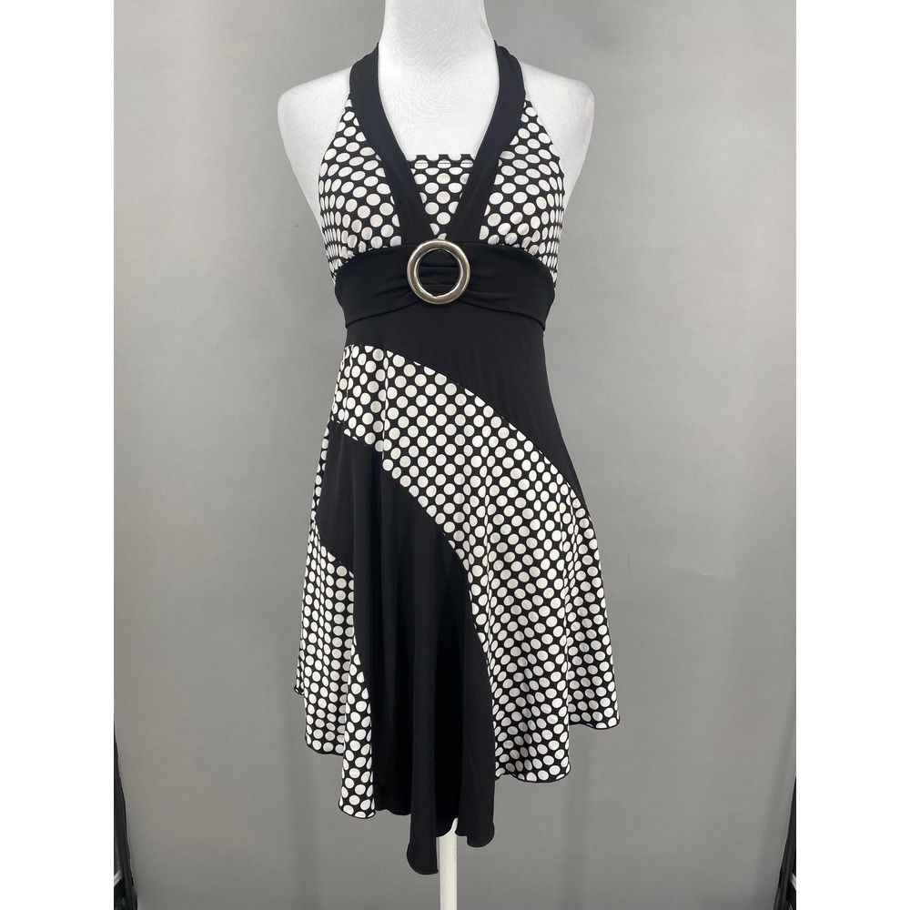 Y2K‎ Disorderly Kids Polka Dot Halter Dress Jrs Size 7 XS Black White O-Ring